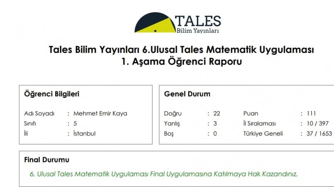 5. Sınıf Öğrencimiz 6. Ulusal Tales Matematik Uygulaması Yarışmasında Türkiye Finali'nde